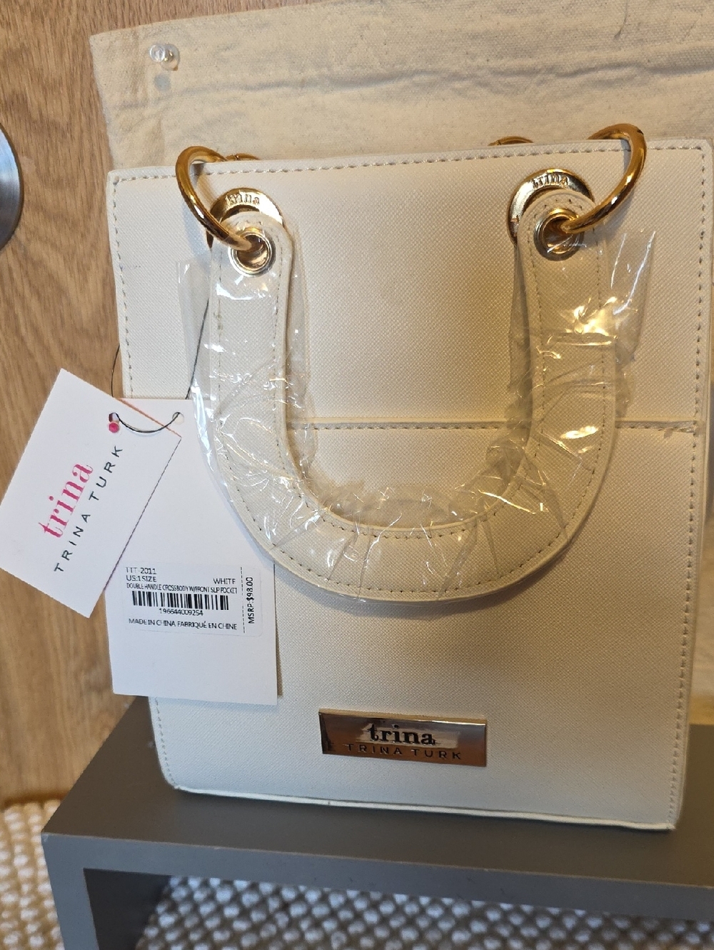 Trina Turk Cream Saffiano Mini Tote with Gold Hardware